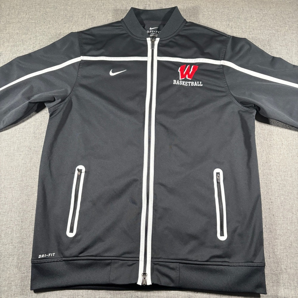 Nike Track Jacket Mens Large Black Wisconsin Basketball Dri-FIT Full Zip Piping
